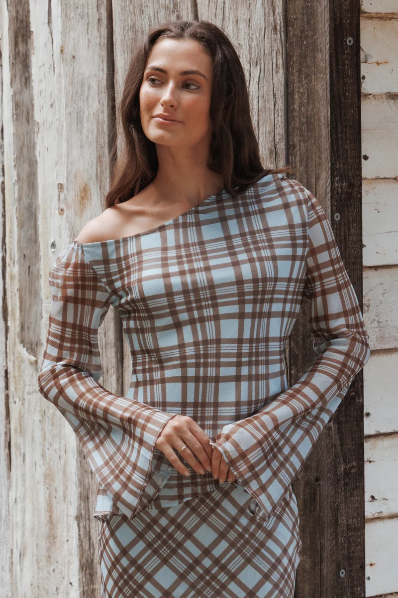 Caitriona Cowl Neck Top - Blue Plaid