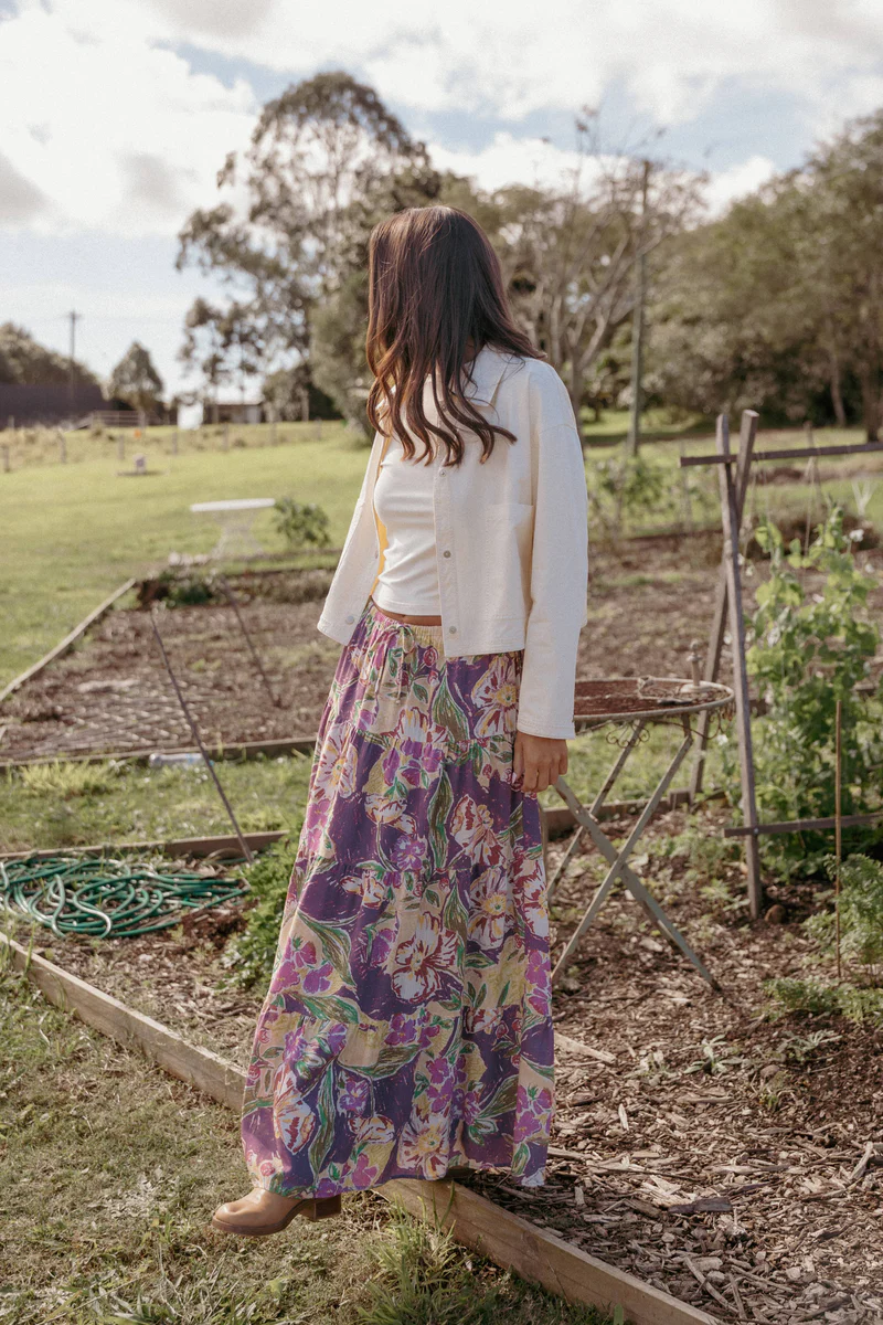 Henley Tiered Maxi Skirt - Purple Floral