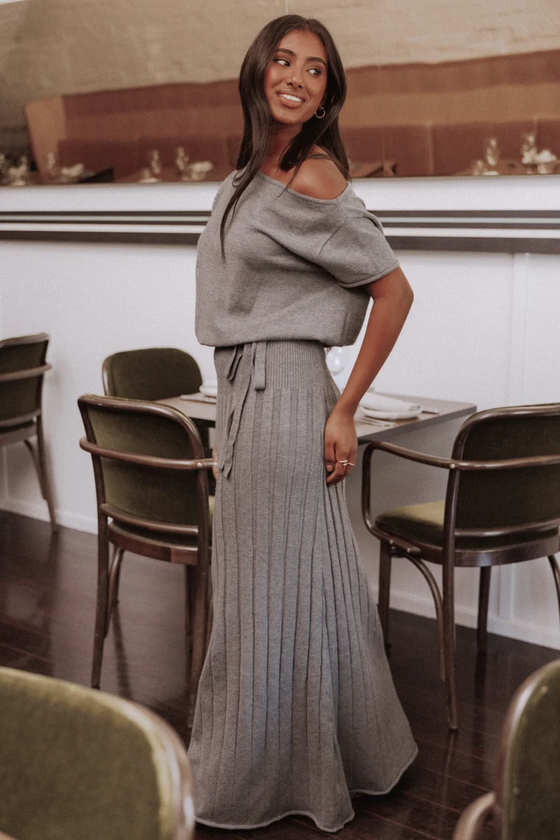 Arnie Off Shoulder Midi Dress - Charcoal Grey