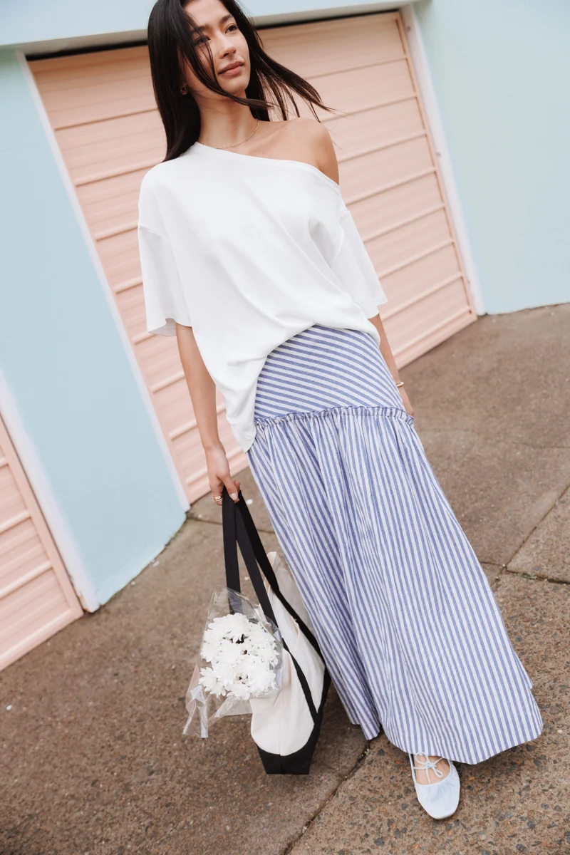 Vina Basque Frill Maxi Skirt - Blue/White Stripe