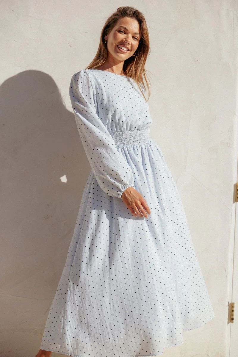 Roman Long Sleeve Maxi Dress - Blue Polka Dot