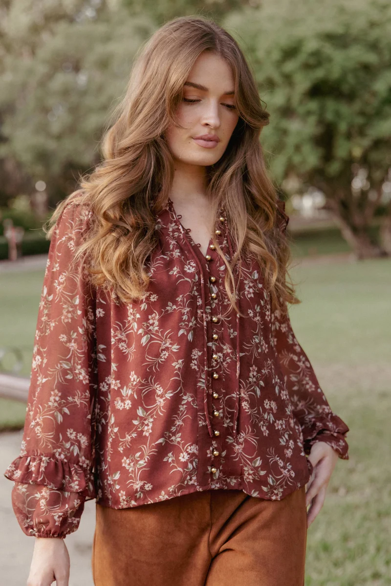 Elanira Ruffle Top - Rust Floral