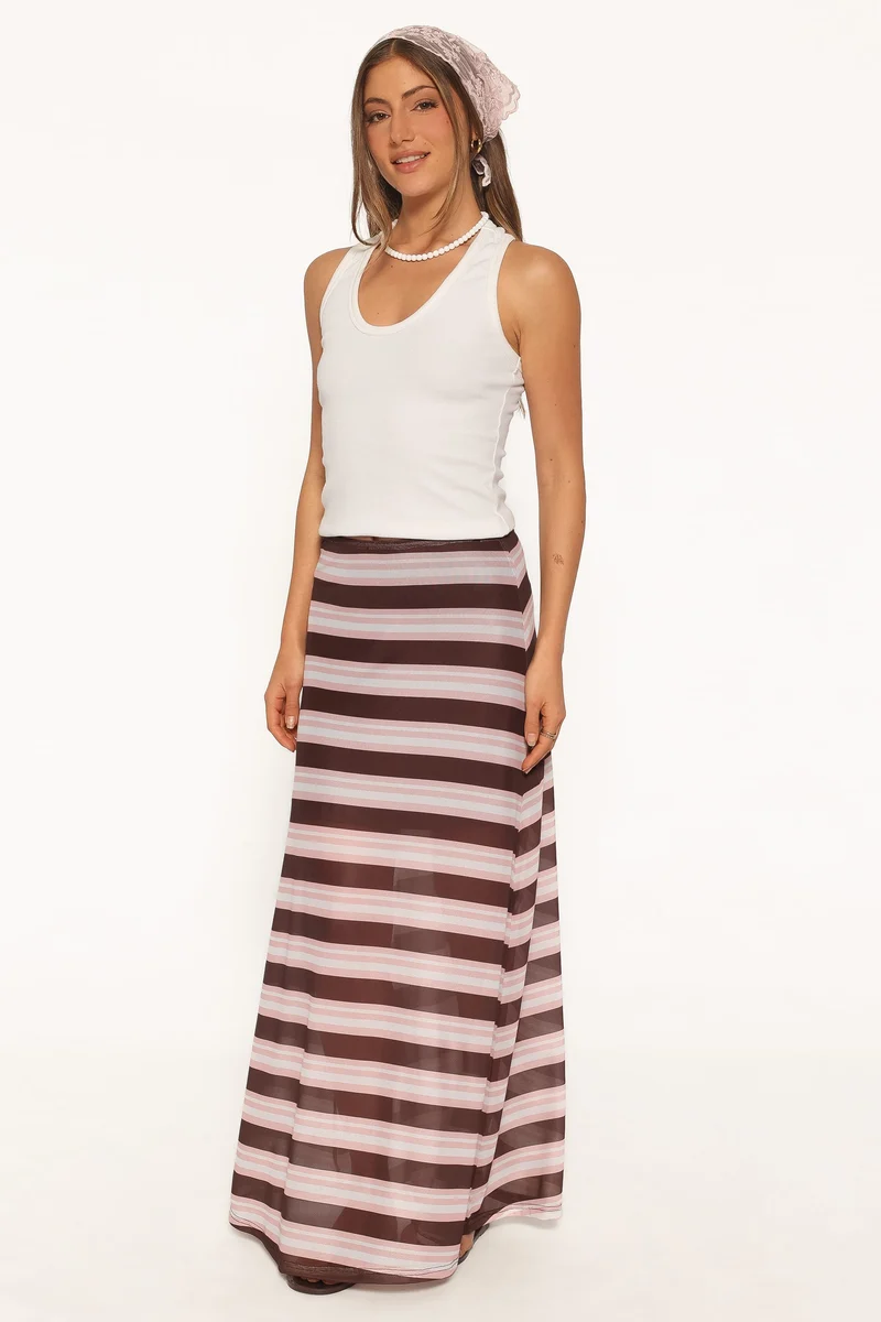 Dia Mesh Column Skirt - Pink/Brown Stripe
