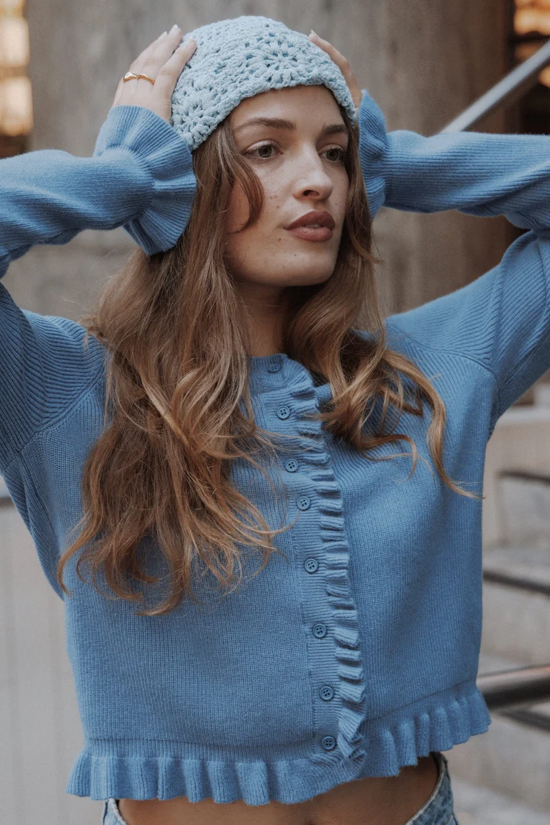 Fiori Frill Cardigan - Denim Blue