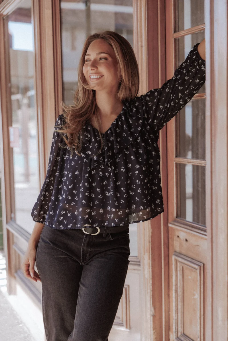 Reina Ruffle Top - Black Floral