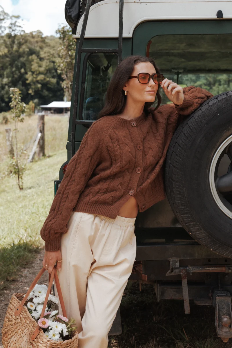 Nika Cable Knit Cardigan - Brown