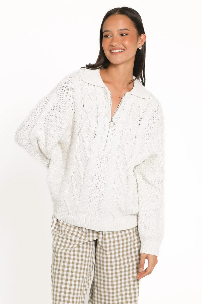 Rema Quarter Zip Cable Sweater - Ivory Marl