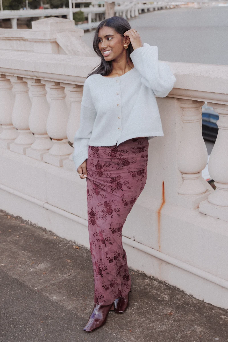 Devona Gathered Maxi Skirt - Plum Burnout