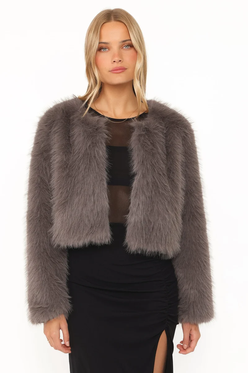 Connie Faux Fur Cropped Jacket - Gunmetal Grey