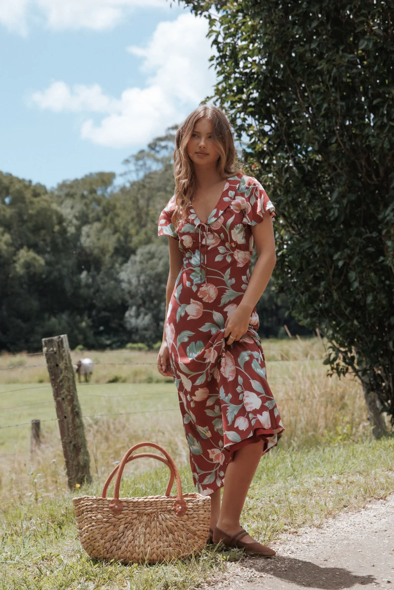 Linden Midi Dress - Red Tulip Floral