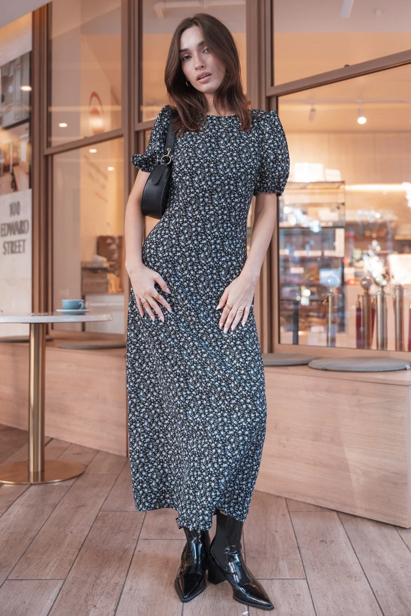 Gemima Maxi Dress - Black Ditsy Floral