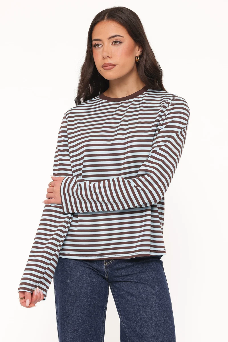 Ruva Long Sleeve Tee - Brown Blue Stripe