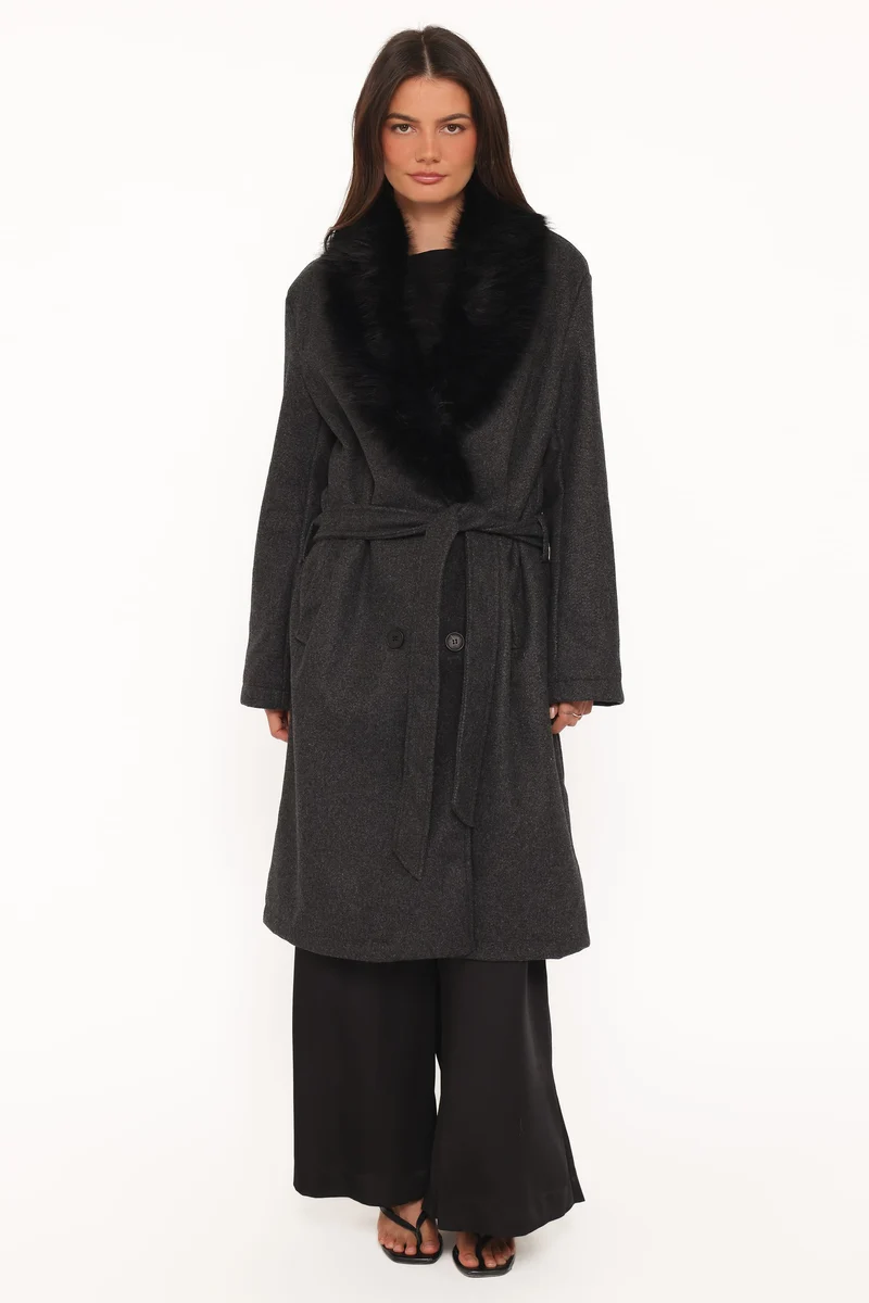Nina Fur Collar Tie Waist Coat - Charcoal
