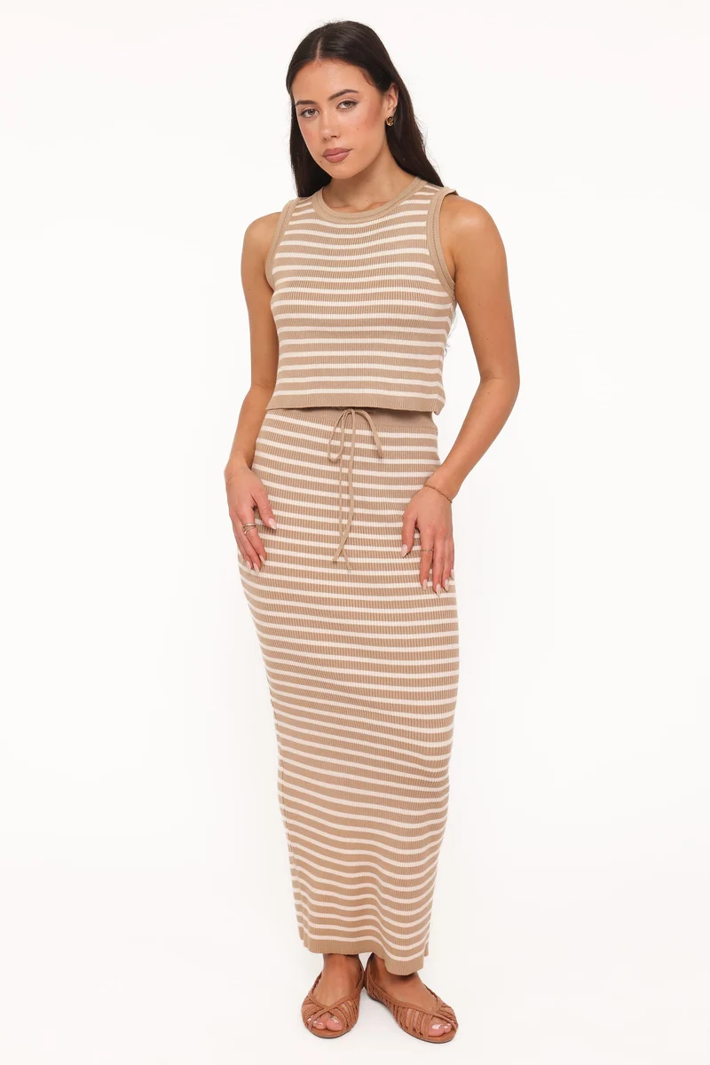 Aine Maxi Skirt Set - Khaki/Cream Stripe