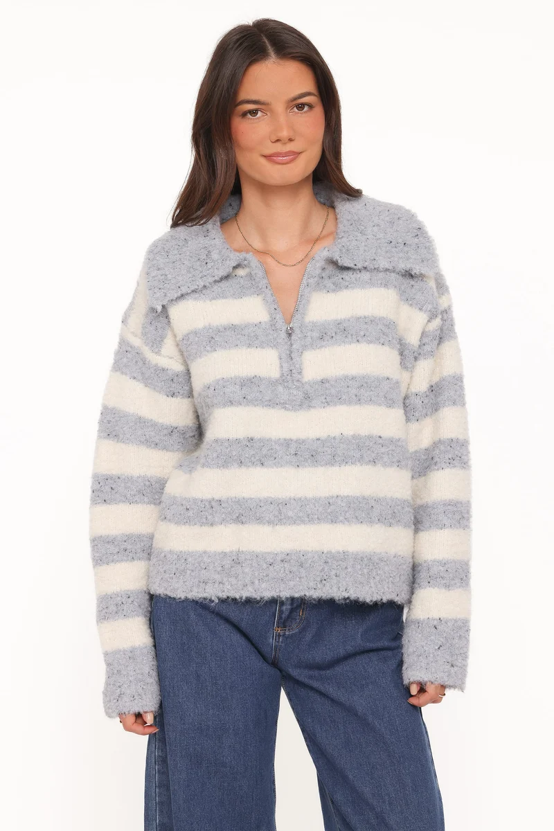 Angelica 1/4 Zip Sweater - Denim Blue Stripe
