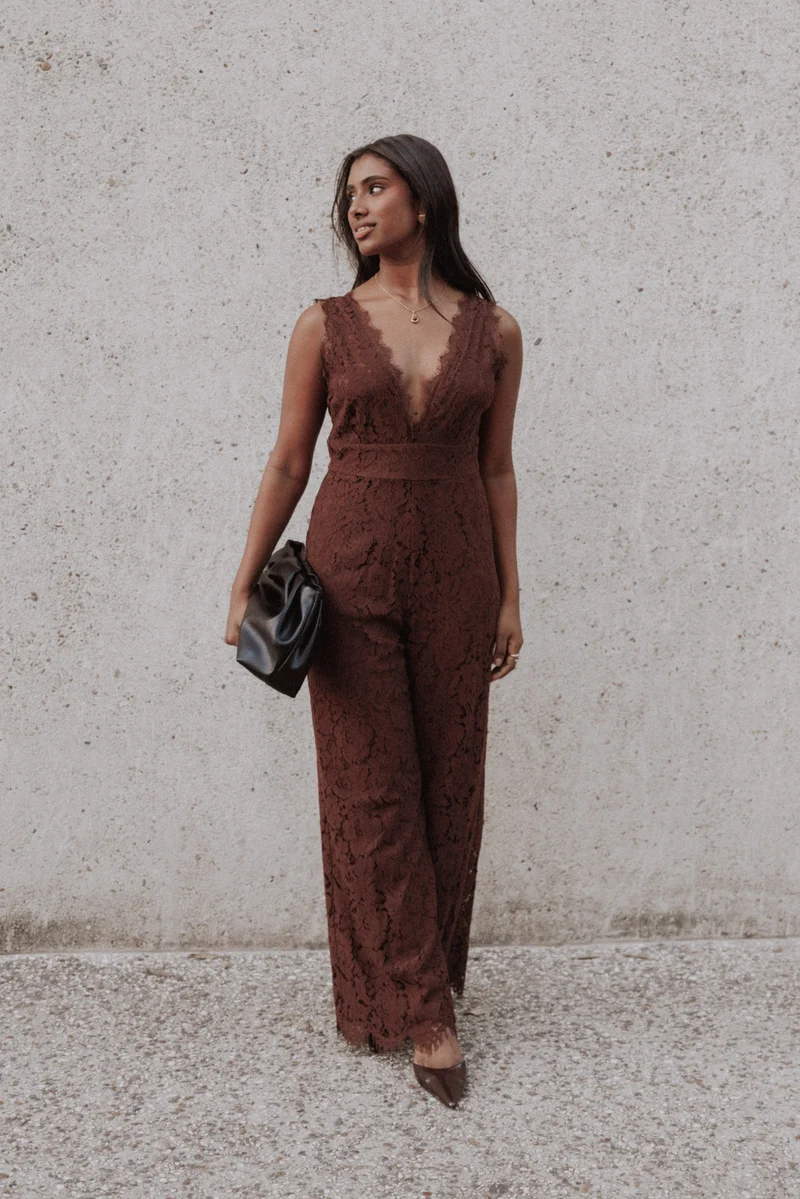 Eloise Lace Jumpsuit - Chocolate Brown