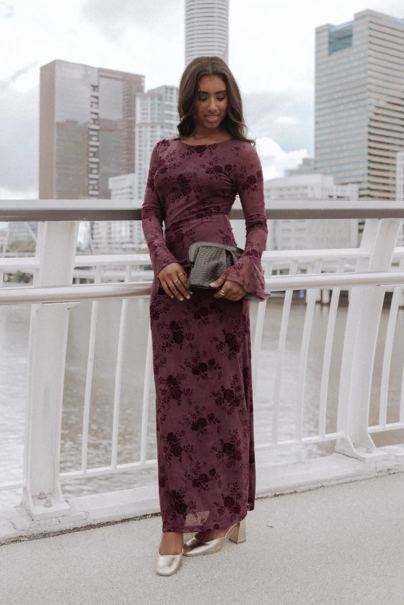 Pandora Long Sleeve Maxi Dress - Plum Burnout