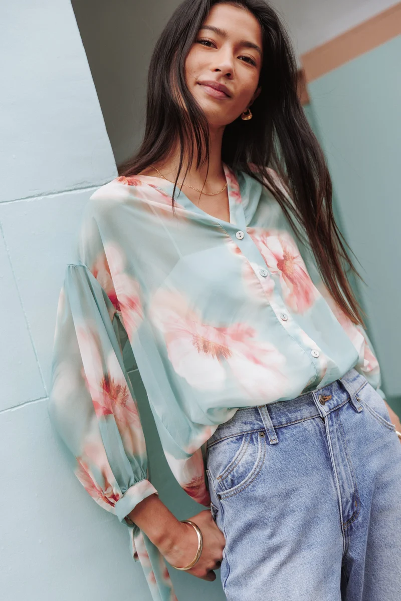 Brenda Blouse - Jade Green Blurred Floral