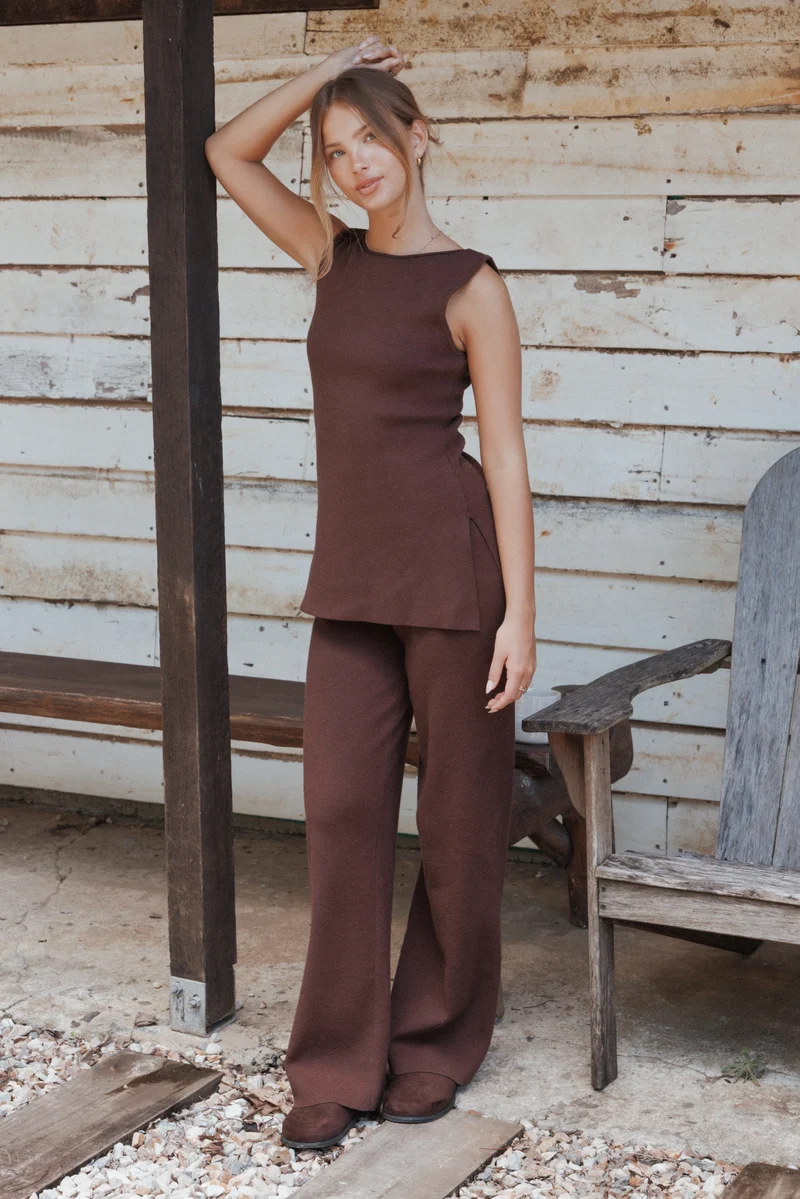 Beth Knitted Pant Set - Chocolate
