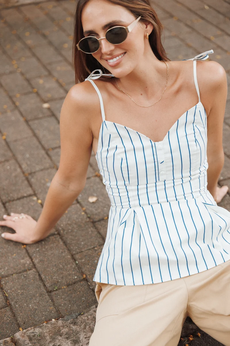 Sybella Pleat Front Peplum Tank - Blue/Yellow Stripe