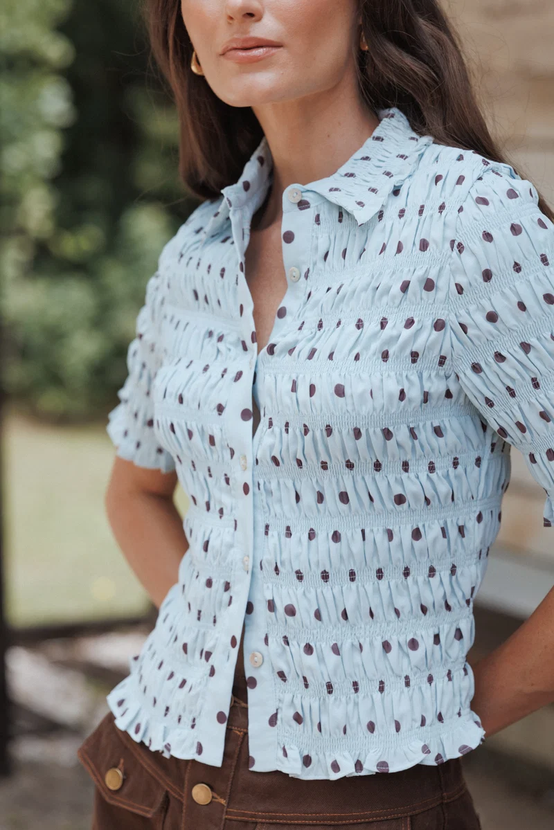 Hollis Smocked Shirt - Blue Polka Dot