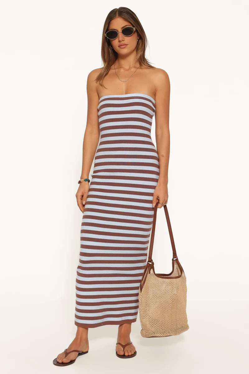 Latoya Strapless Midi Dress - Blue Mocha Stripe