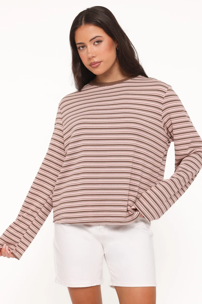 Ruva Long Sleeve Tee - Chocolate Pink Stripe