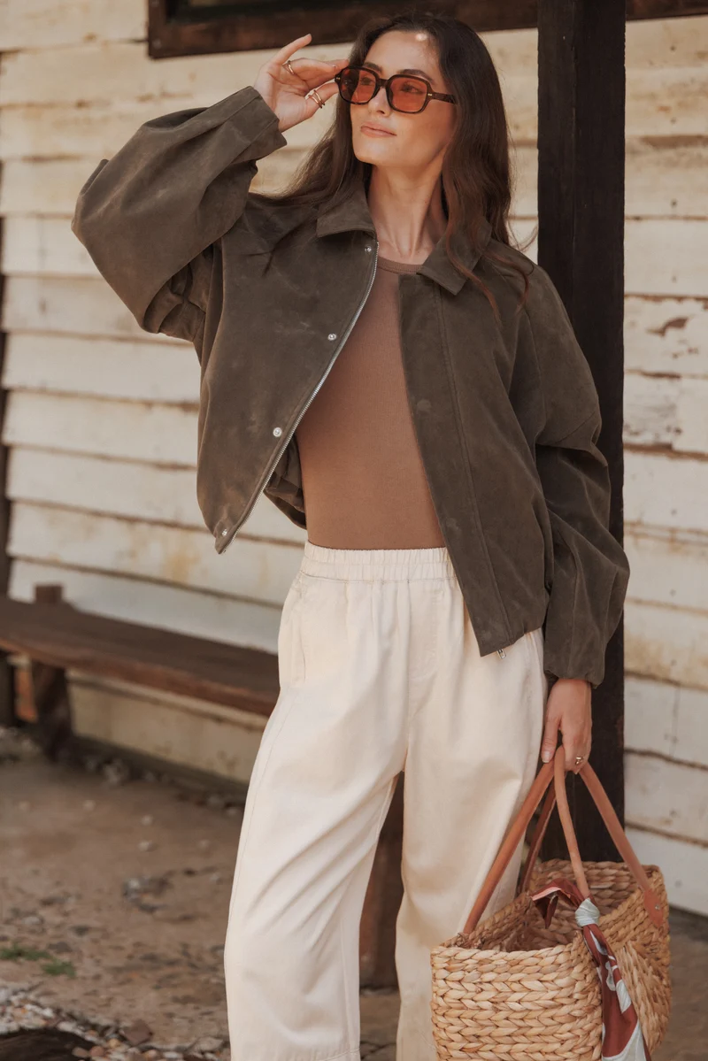 Jensen Faux Suede Bomber Jacket - Olive