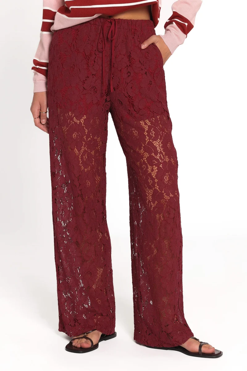 Sabina Lace Wide Leg Pant - Wine