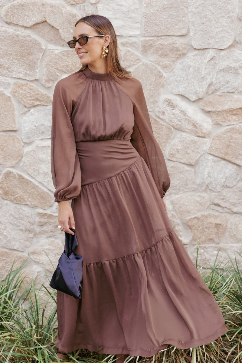 Julip Sheer Long Sleeve Maxi Dress - Brown