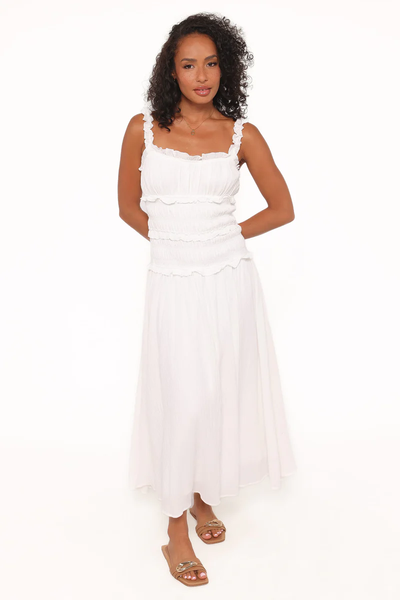 Enola Gather Midi Dress - White