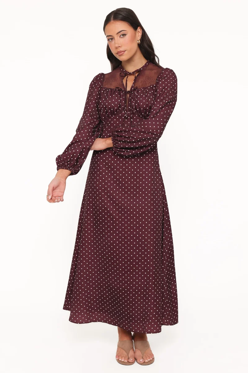 Tillie Long Sleeve Maxi Dress - Burgundy Polka Dot
