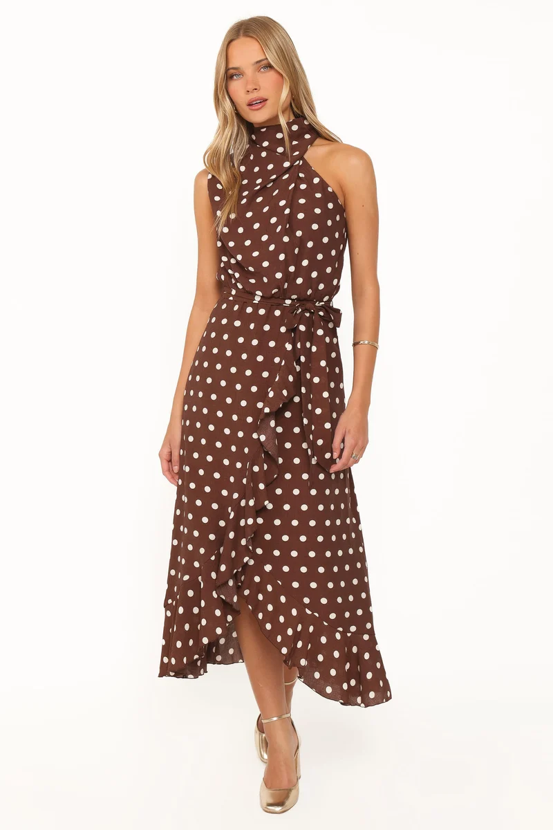 Olana Midi Dress - Brown Polka Dot