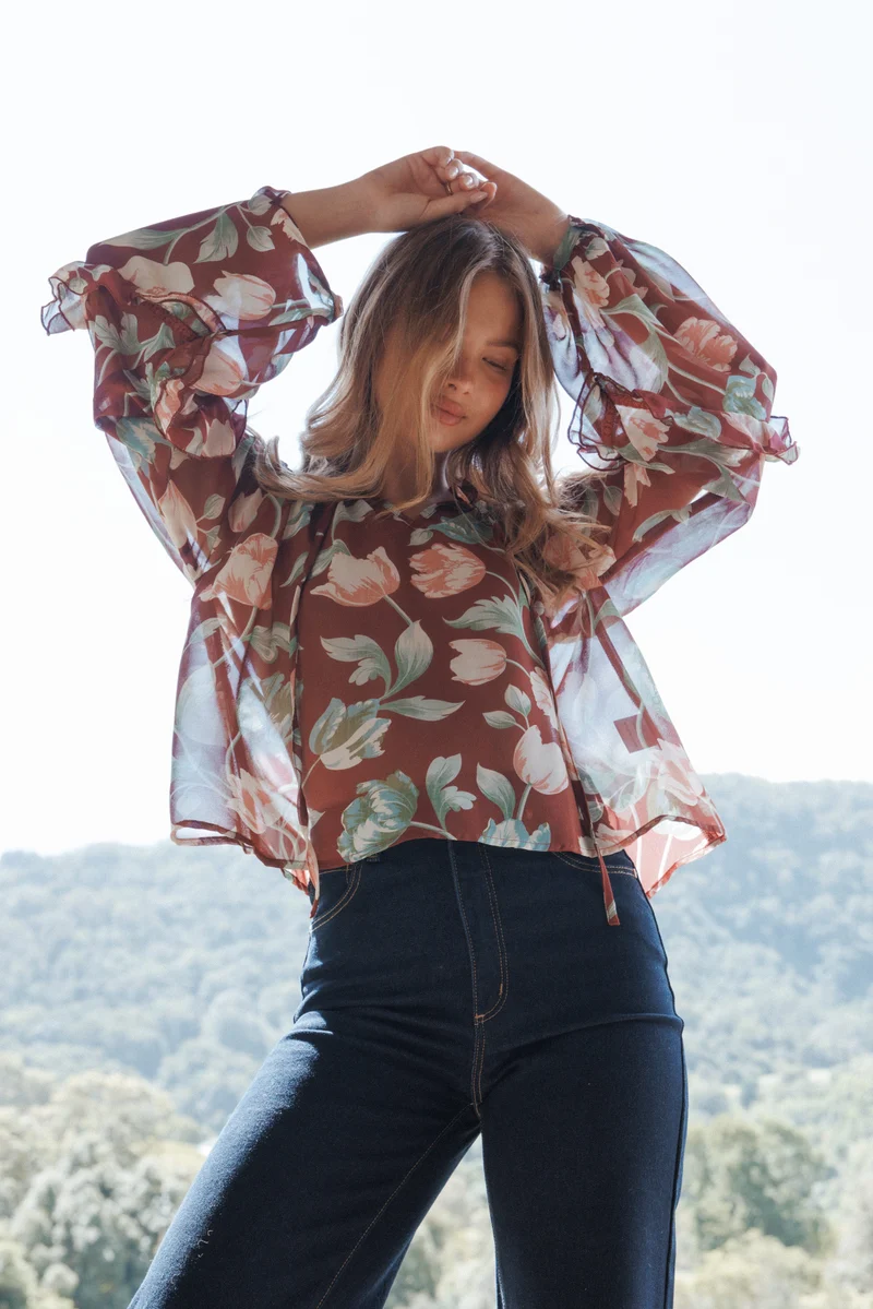 Hesper Ruffle Top - Red Tulip Floral