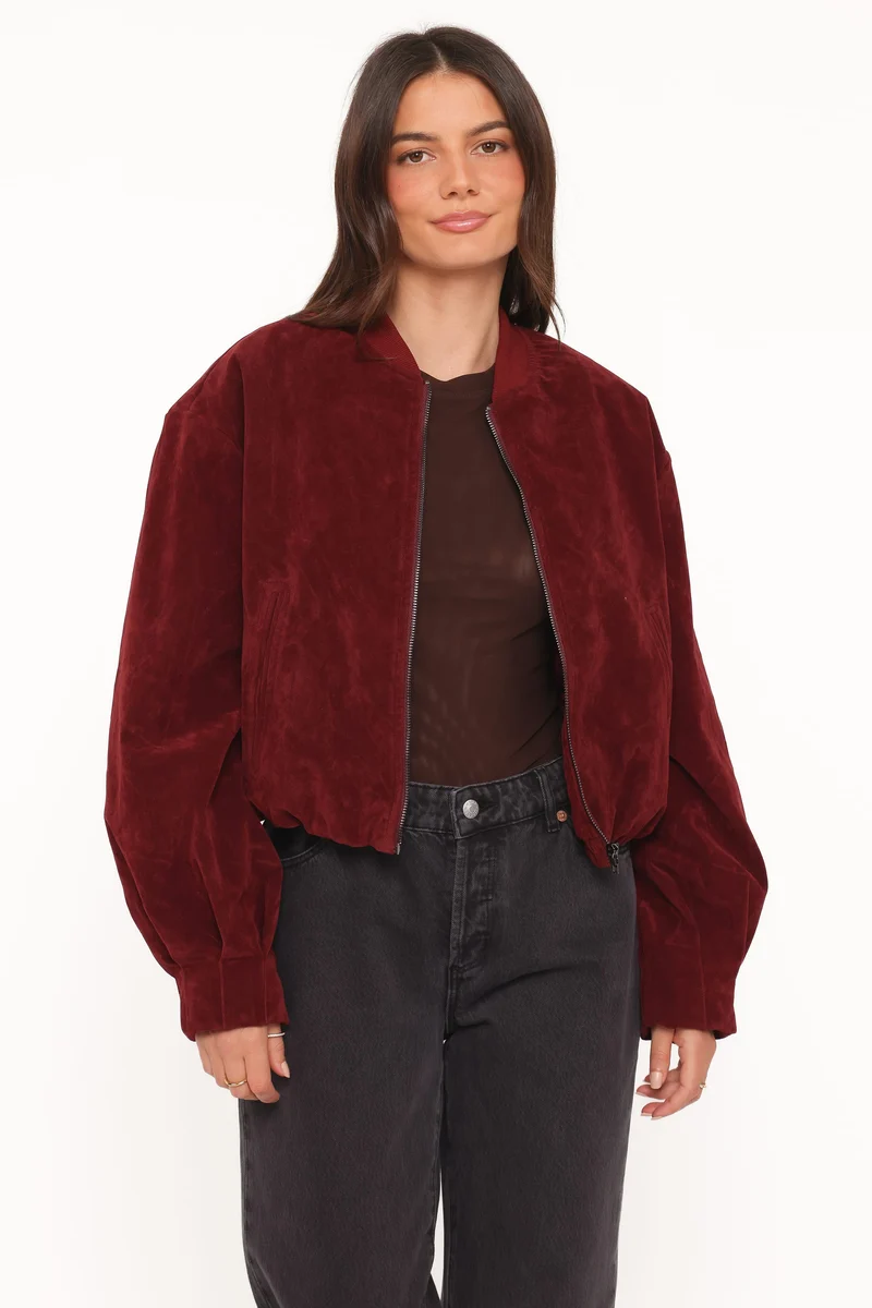Goldie Faux Suede Bomber Jacket - Burgundy
