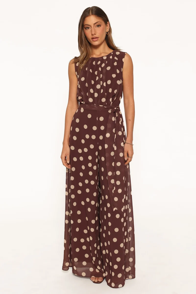 Collene Tie Waist Jumpsuit - Brown Polka Dot