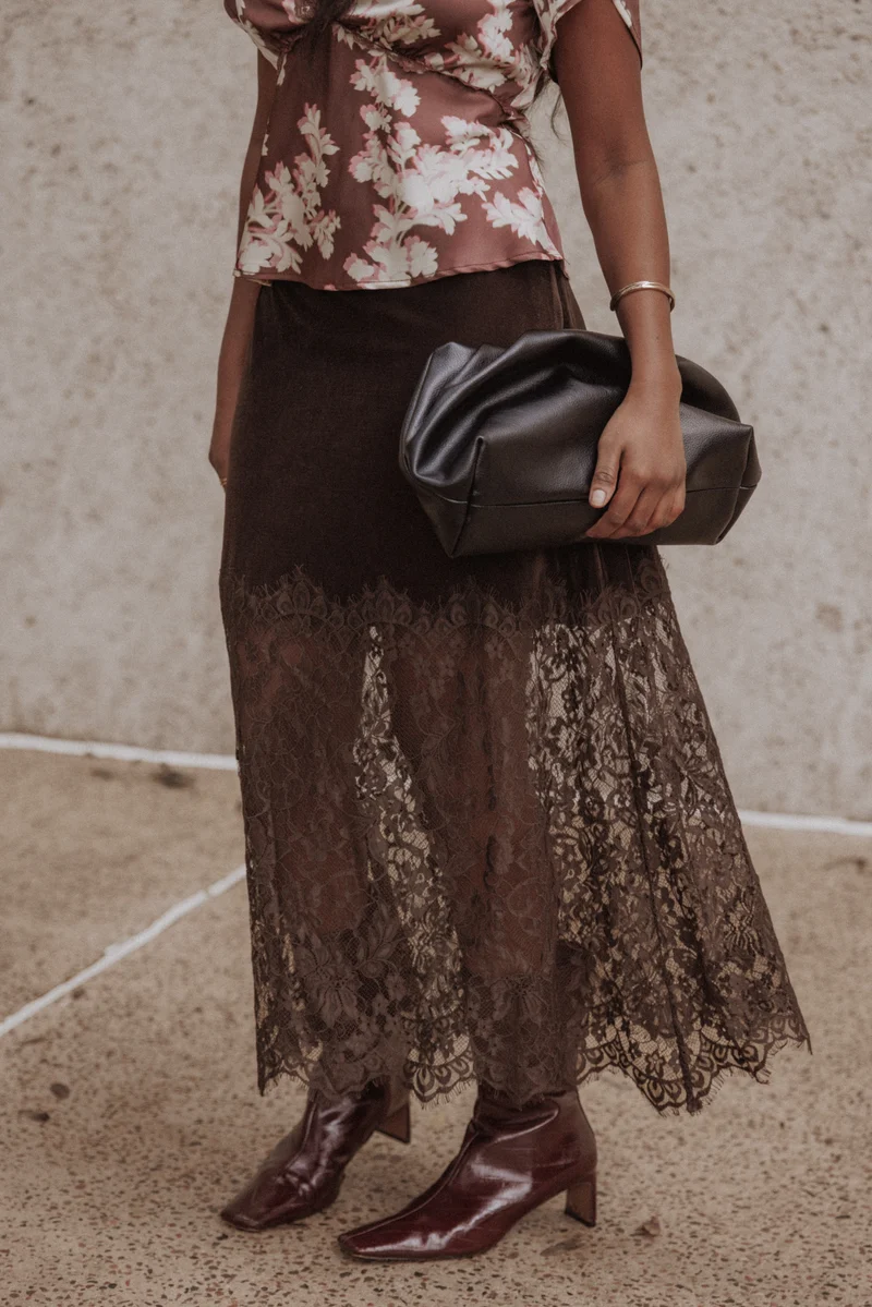 Bridie Lace Trim Midi Skirt - Chocolate Velvet