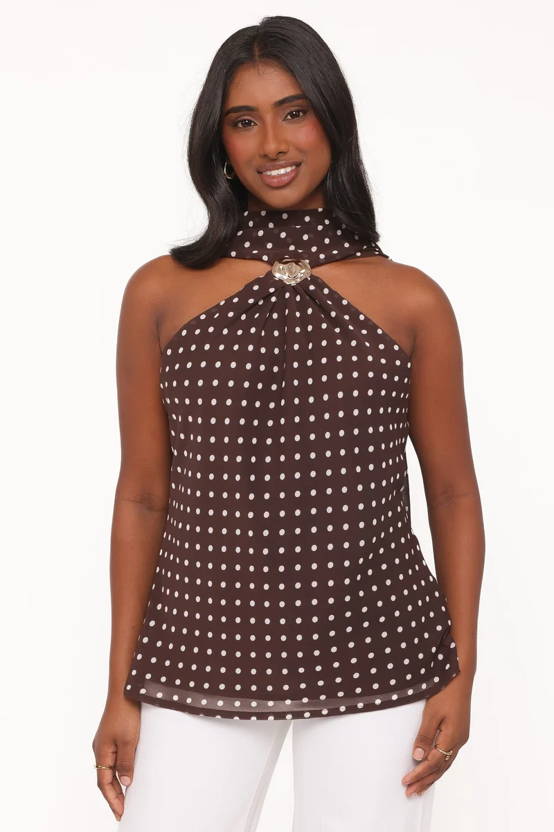 Beline Halter Top With Scarf - Brown Dot