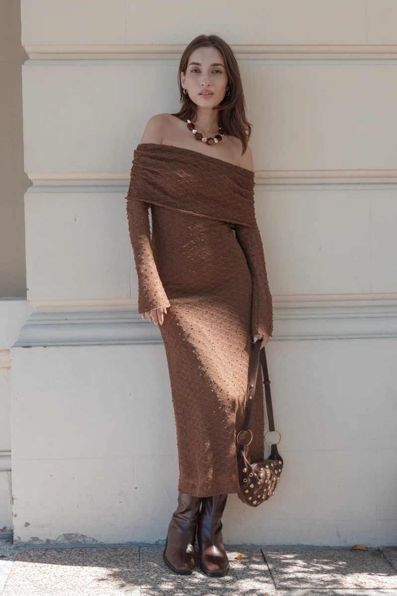 Wilma Off Shoulder Dress - Brown