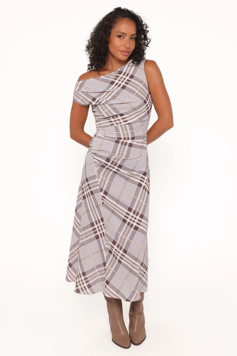 Dawn Off Shoulder Midi Dress - Plaid