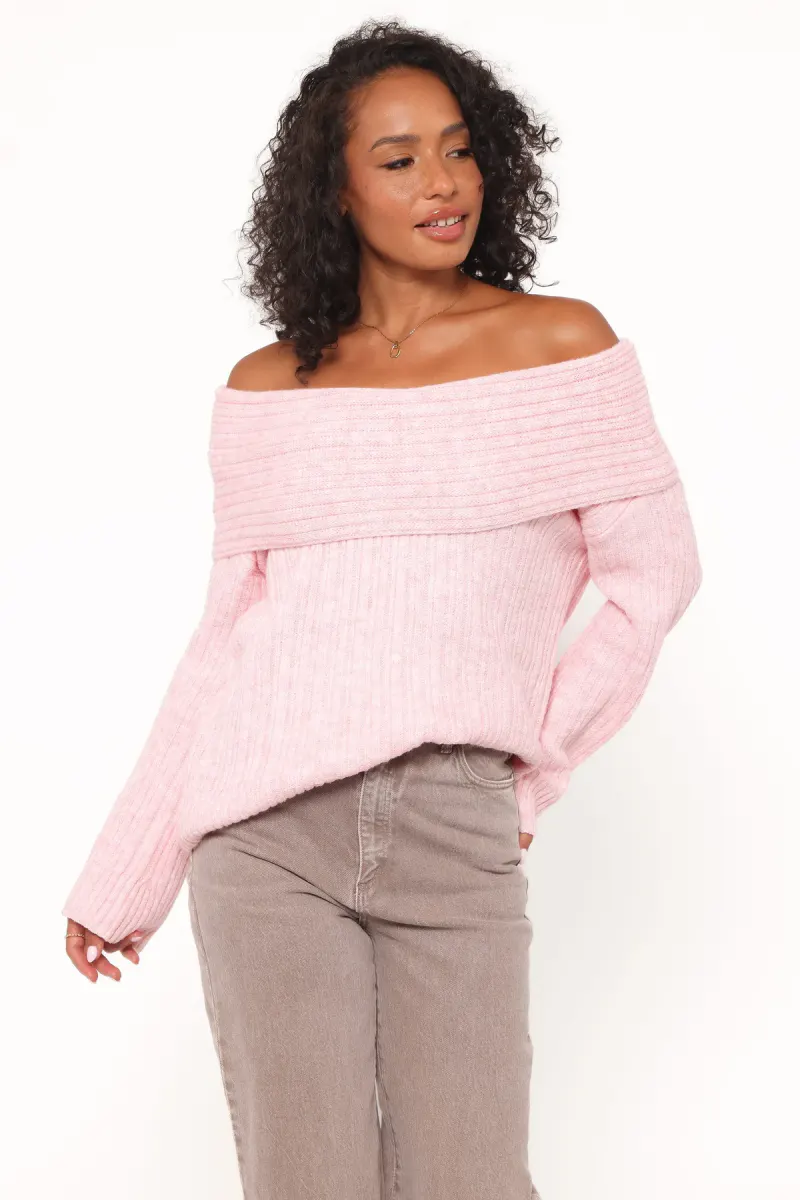 Kenny Off Shoulder Knit Sweater - Light Pink