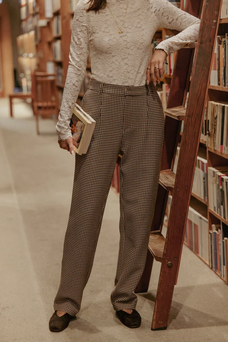 Jessie Straight Leg Trouser Pants - Brown Houndstooth