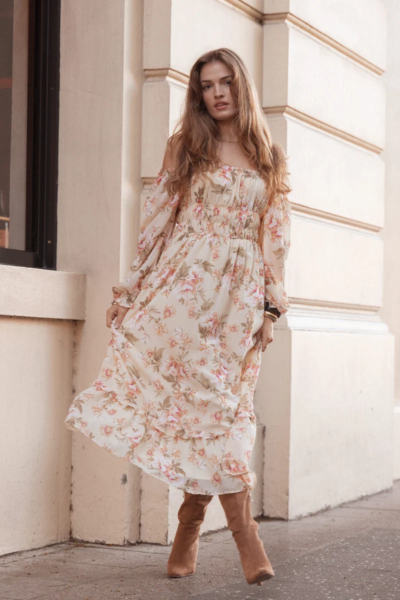 Aine Midi Dress - Cream Floral