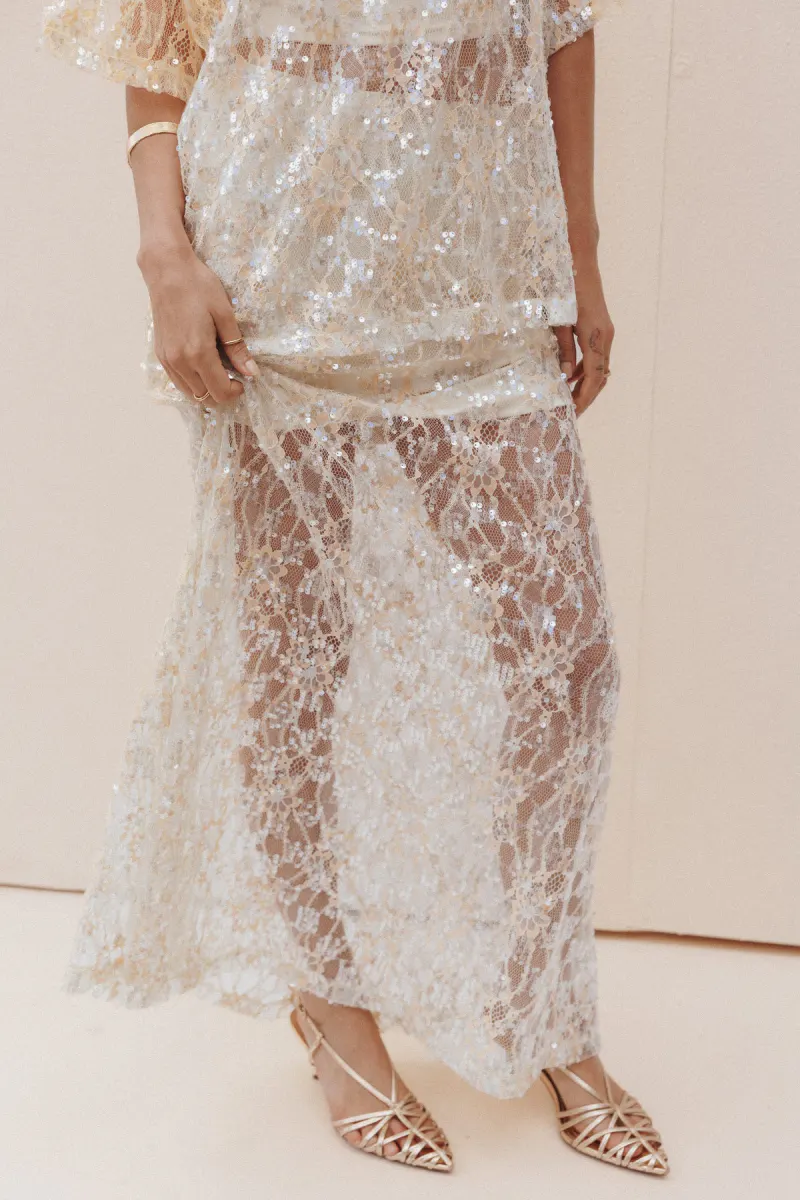 Yonder Sheer Panel Lace Maxi Skirt - Pale Yellow