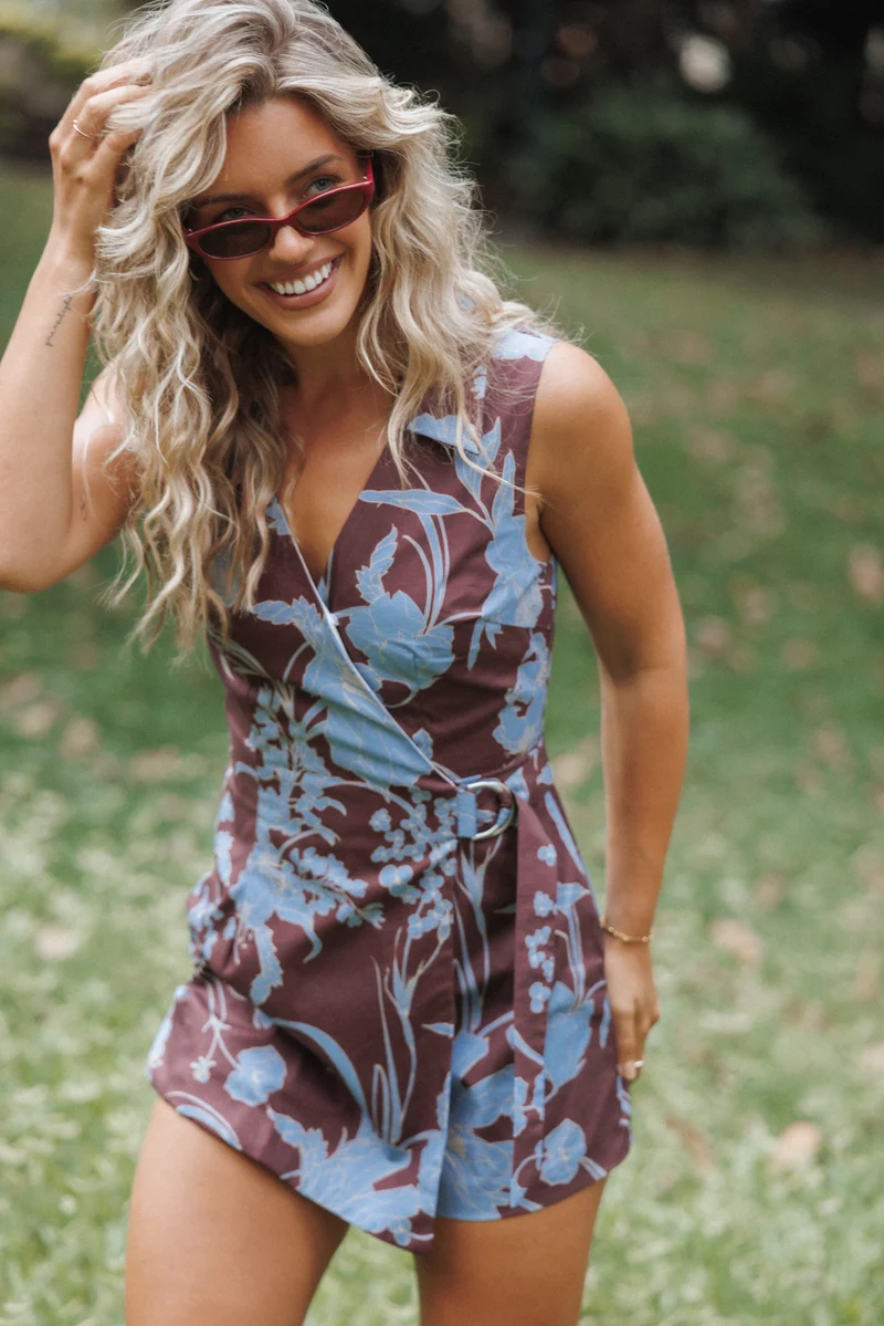 Mattie Cross Front Playsuit - Burgundy Floral