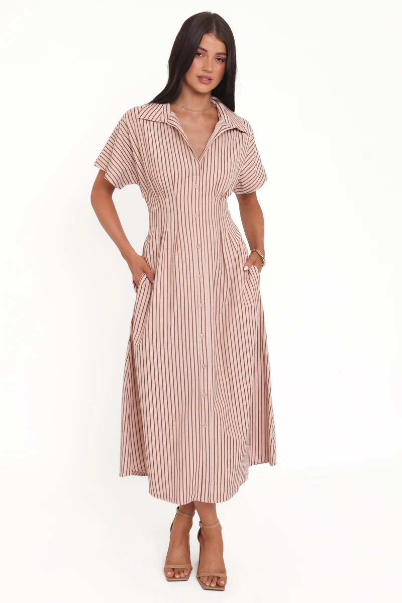 Eilis Short Sleeve Button Down Maxi Dress - Brown Stripe