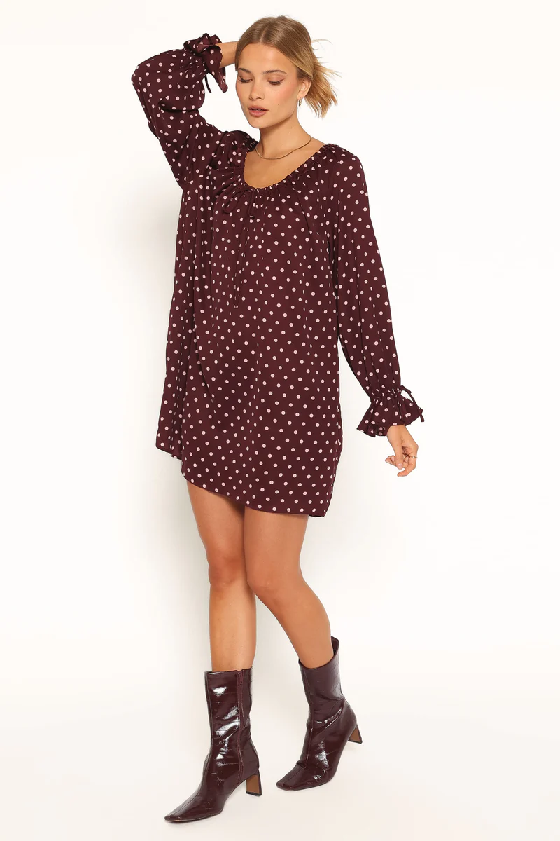 Wendy Mini Dress - Burgundy/Pink Polka Dot