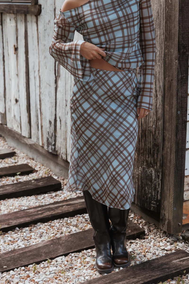Josiana Pencil Skirt - Blue/Brown Plaid