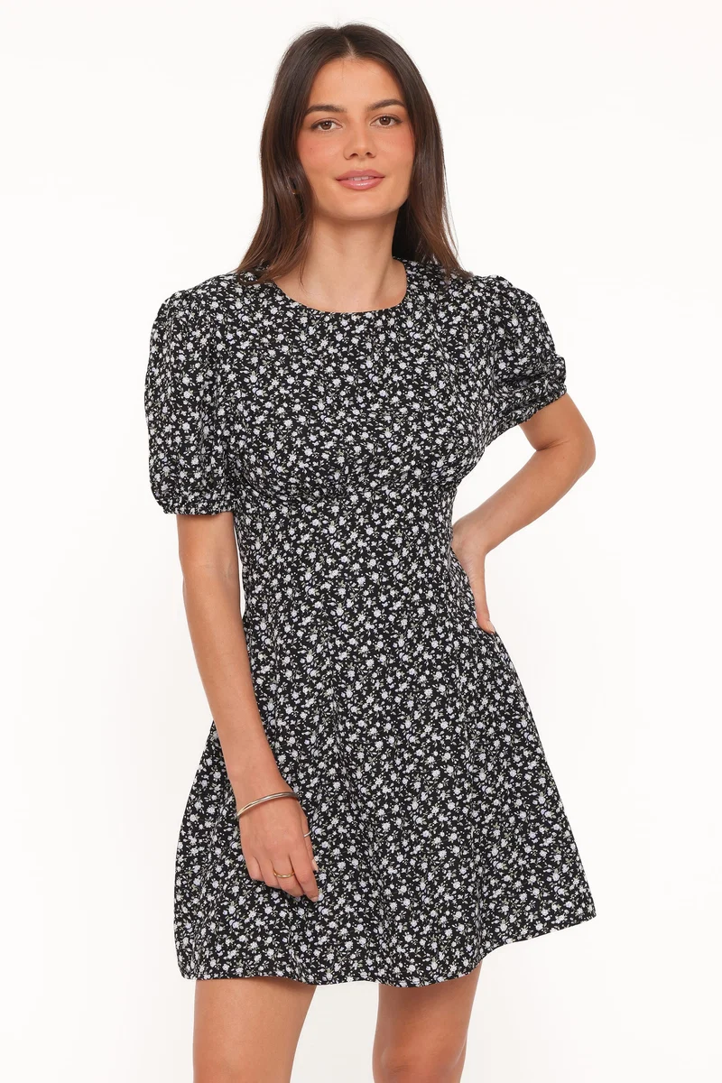 Carmina Mini Dress - Black Ditsy Floral