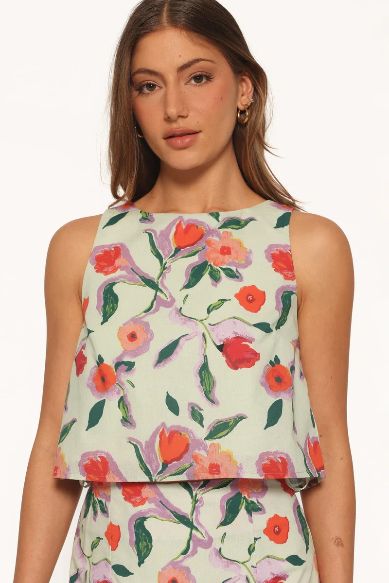 Madison Linen Cropped Tank - Green Painted Floral